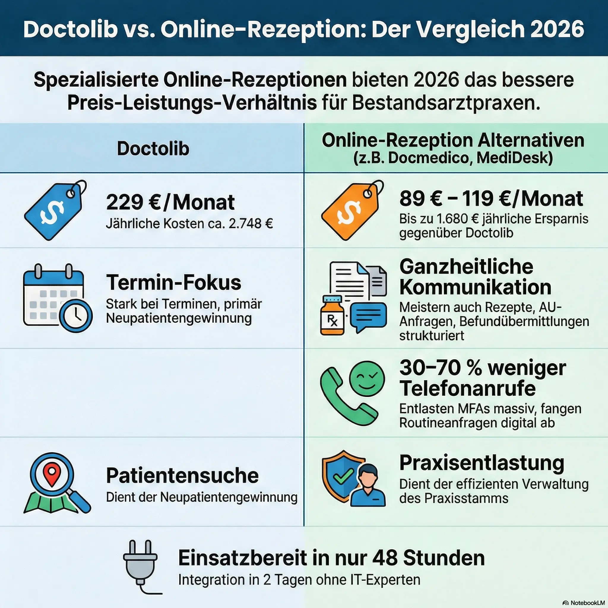 Doctolib Alternative 2026 - Online-Rezeption Anbieter im Kostenvergleich